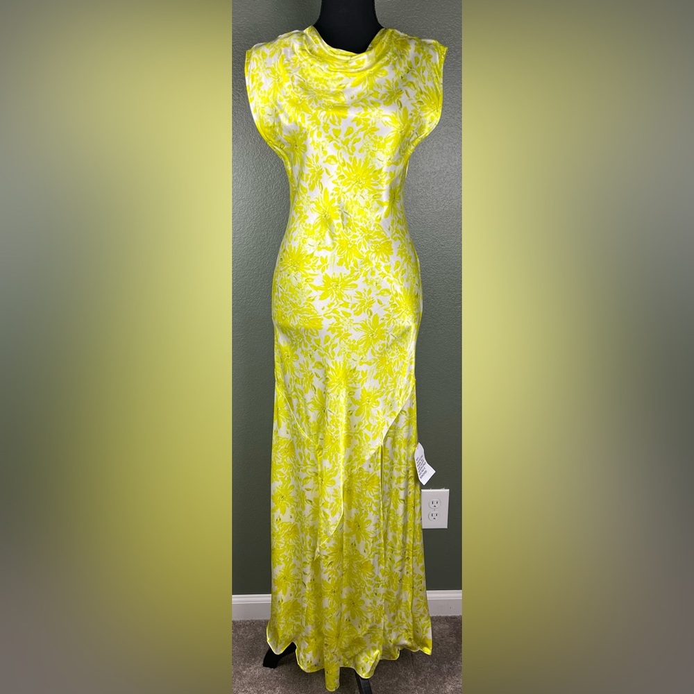 Topshop Dress Yellow Drape Neck Midi Silky Print Party Formal